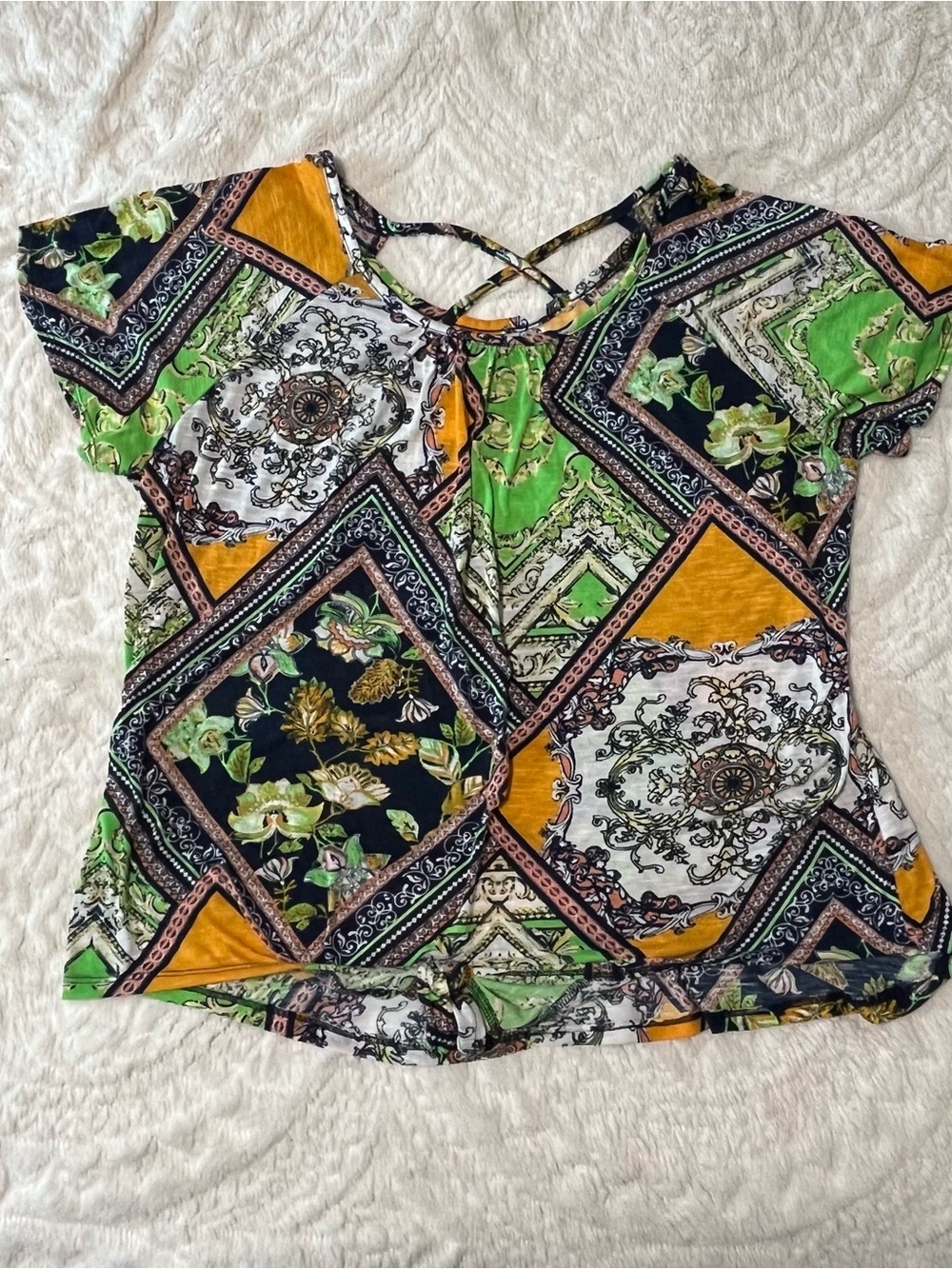 Goddess Short Sleeve Printed Top in Green, Mustard and Blue Size 2X